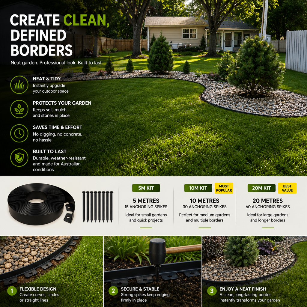 Garden Edging Kit – Flexible No-Dig Lawn Edging with Anchoring Spikes – 5M, 10M & 20M