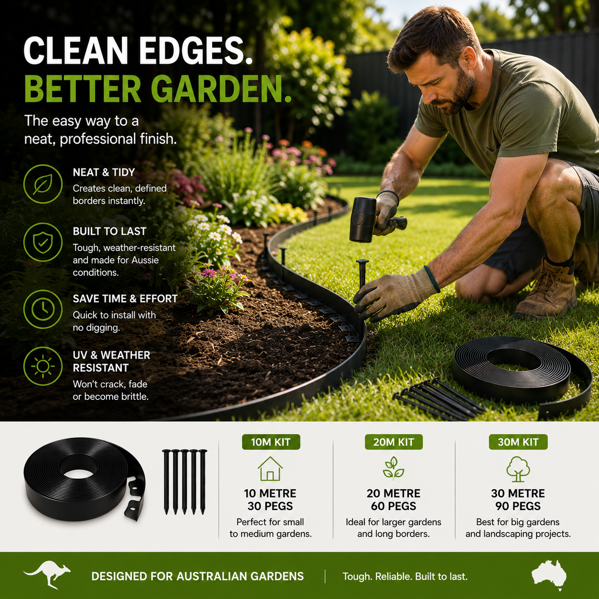 Garden Edging Kit – Flexible No-Dig Lawn Edging with Anchoring Spikes – 5M, 10M & 20M
