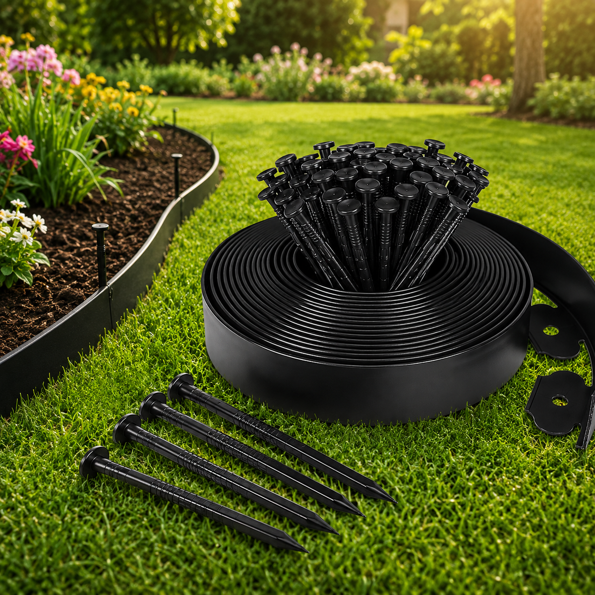 Garden Edging Kit – Flexible No-Dig Lawn Edging with Anchoring Spikes – 5M, 10M & 20M