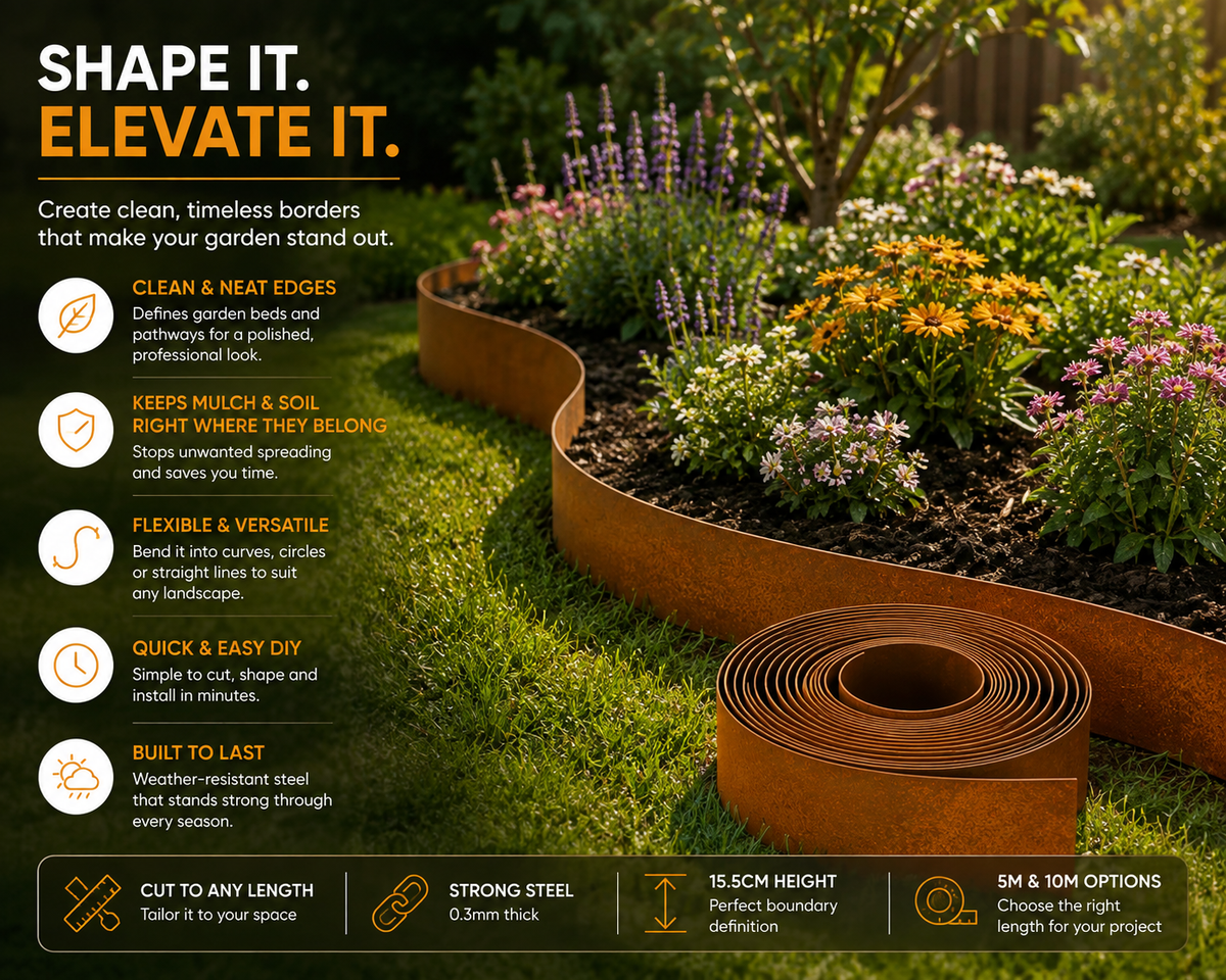 Weathered Steel Garden Edging – Flexible Landscape Border 15.5cm
