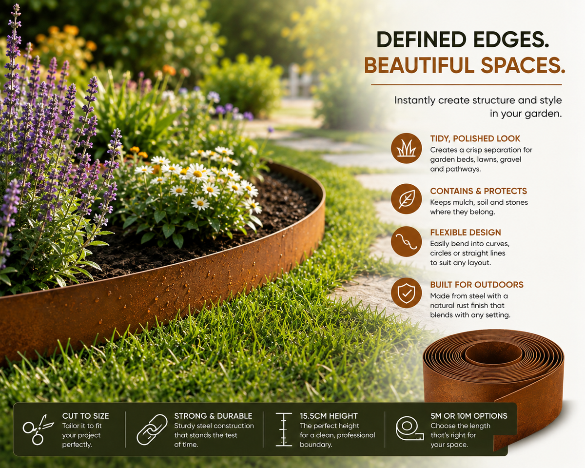 Weathered Steel Garden Edging – Flexible Landscape Border 15.5cm