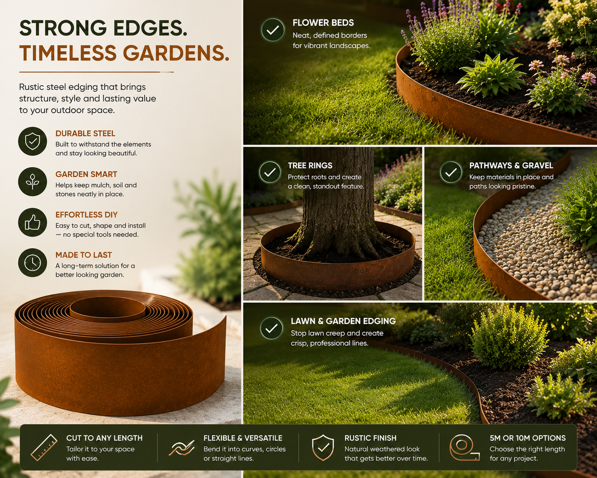 Weathered Steel Garden Edging – Flexible Landscape Border 15.5cm
