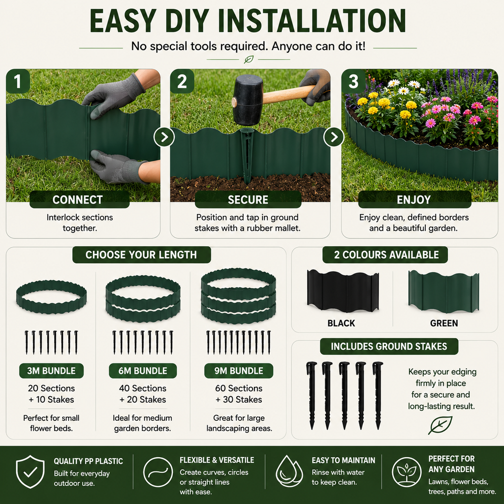 Garden Edging – Flexible Plastic Lawn & Garden Border 3m, 6m or 9m