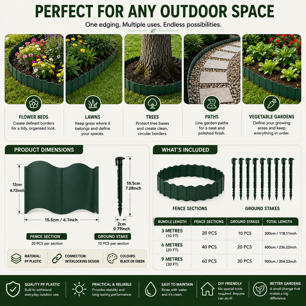 Garden Edging – Flexible Plastic Lawn & Garden Border 3m, 6m or 9m