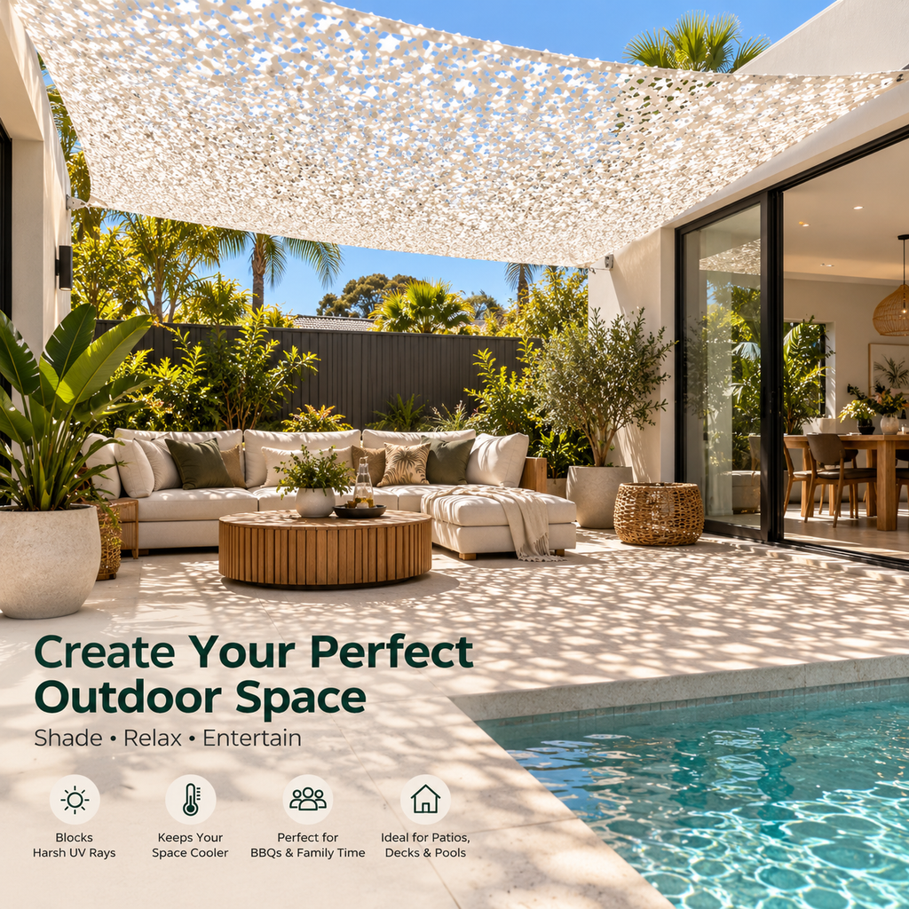 Shade Sail – White Camouflage Netting | Reinforced Ripstop Outdoor Shade