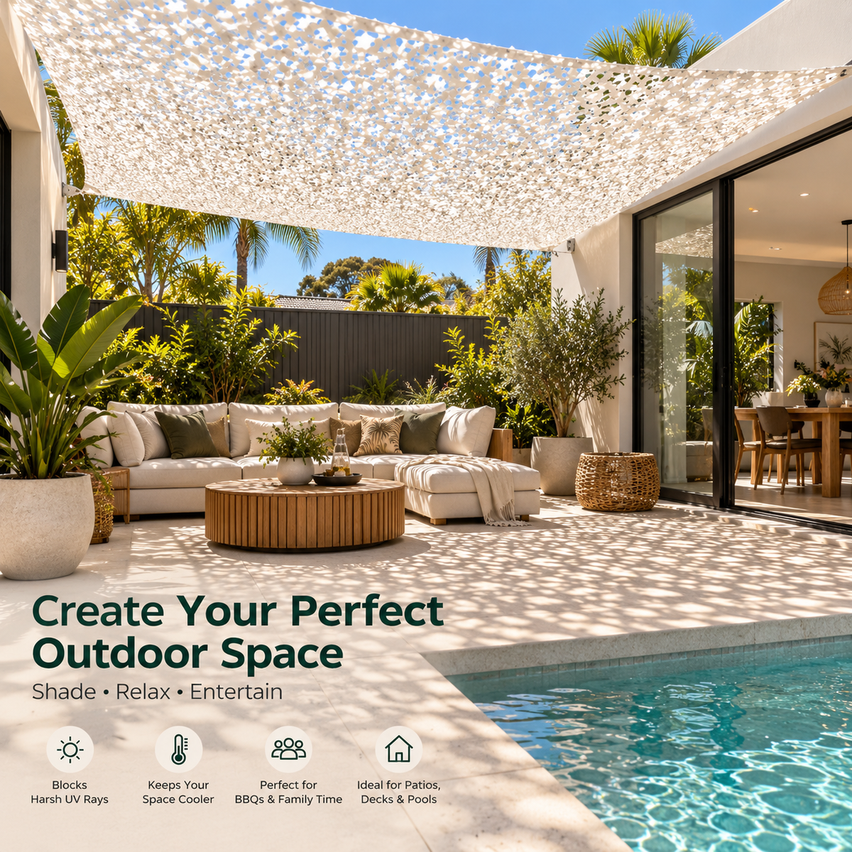Shade Sail – White Camouflage Netting | Reinforced Ripstop Outdoor Shade