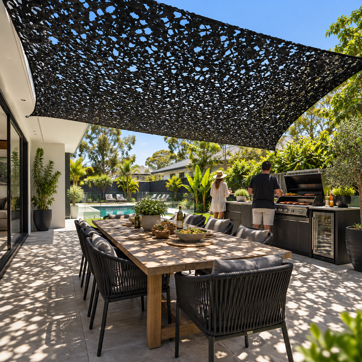 Shade Sail – Black Camouflage Netting | Reinforced Ripstop Outdoor Shade