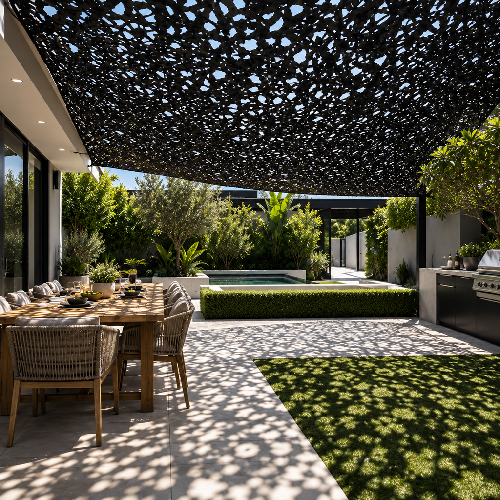 Shade Sail – Black Camouflage Netting | Reinforced Ripstop Outdoor Shade