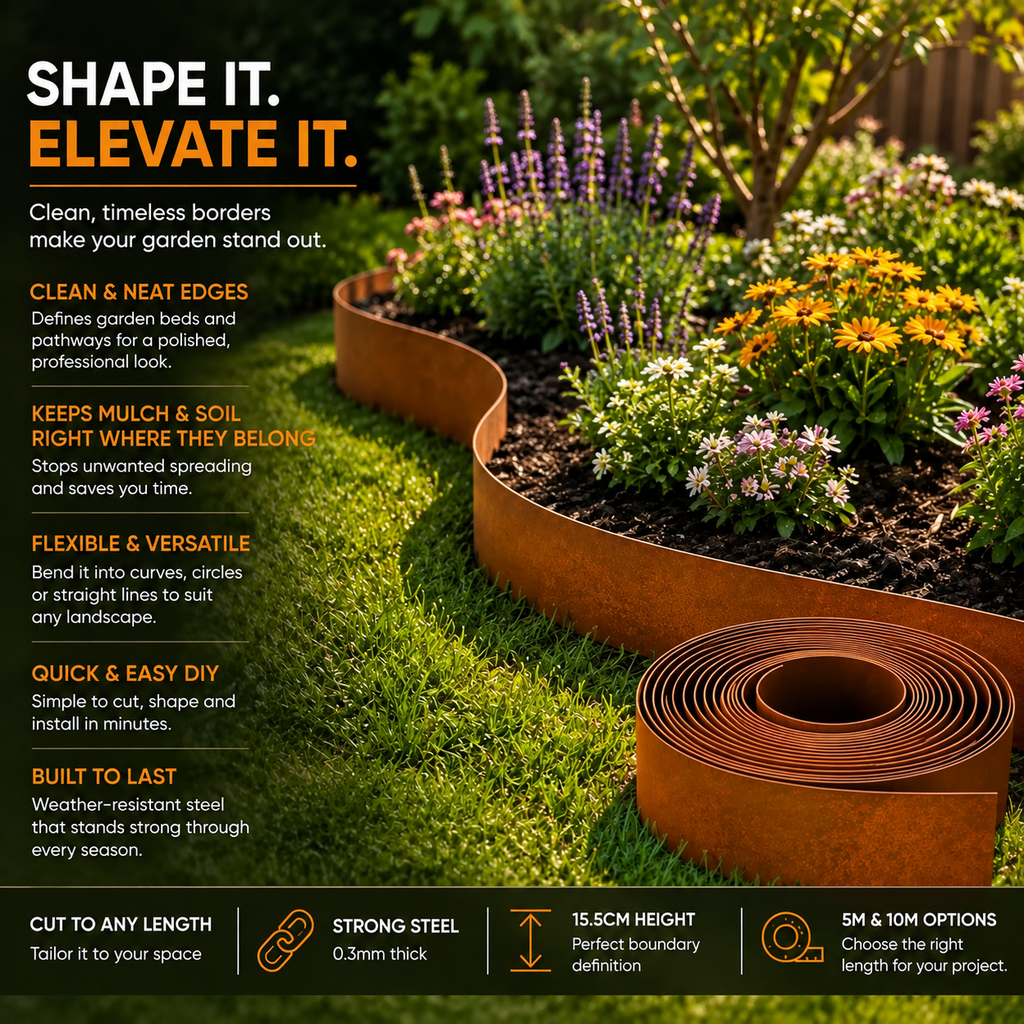 Weathered Steel Garden Edging – Flexible Landscape Border 15.5cm