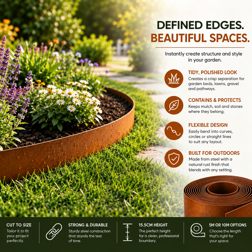 Weathered Steel Garden Edging – Flexible Landscape Border 15.5cm