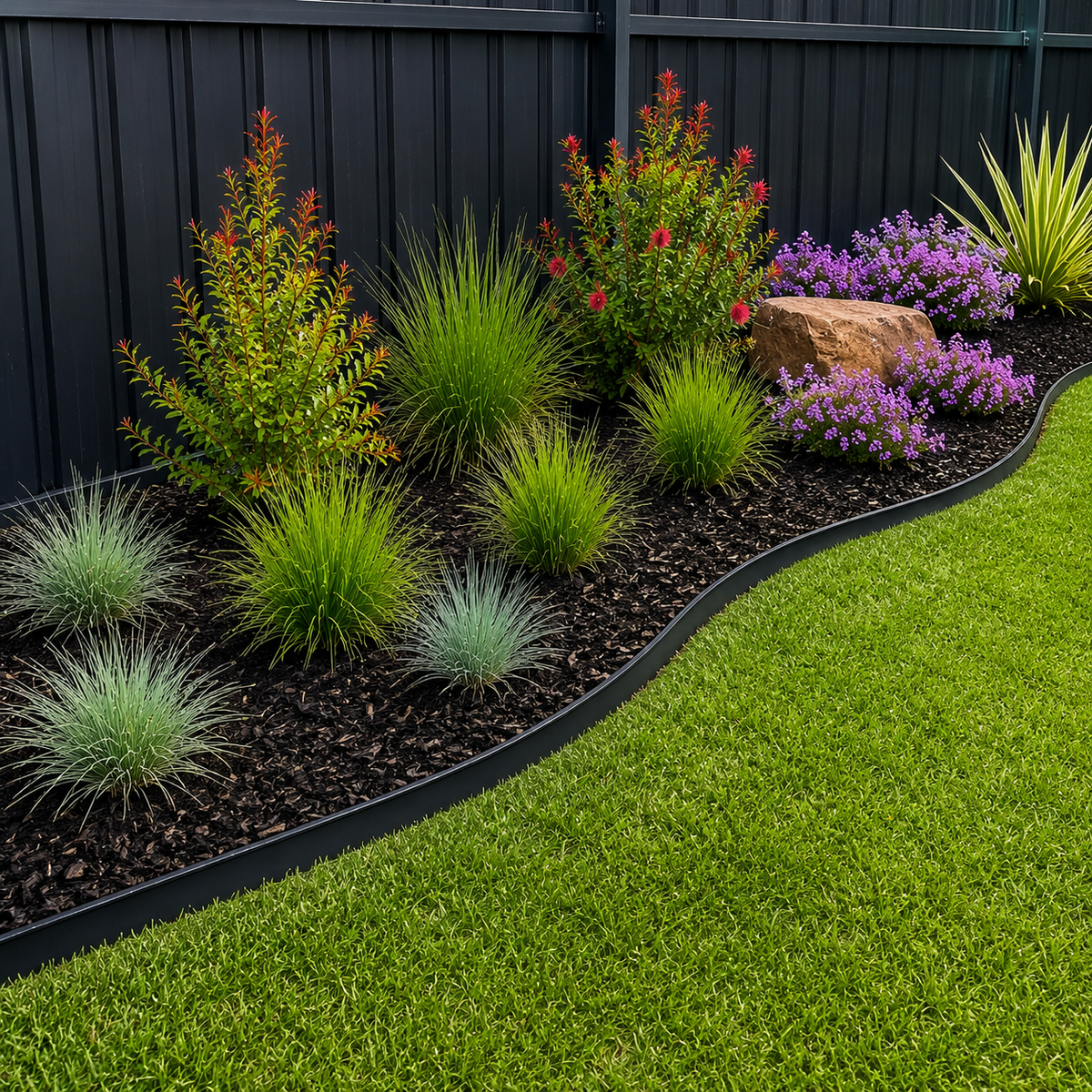 A crisp black garden edge curving between a dark mulched planting bed and a green lawn