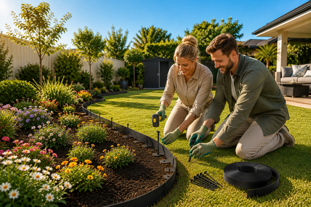 Black garden edging curving between a mulched garden bed and lawn