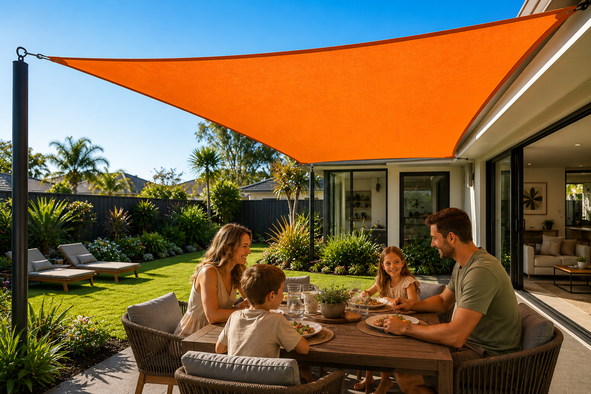 Tan shade sail over an outdoor dining patio