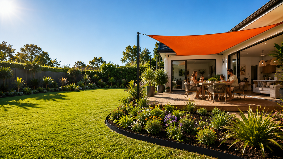 Jardin australien avec voile d'ombrage beige au-dessus de la terrasse et bordure de jardin noire longeant un massif paillé