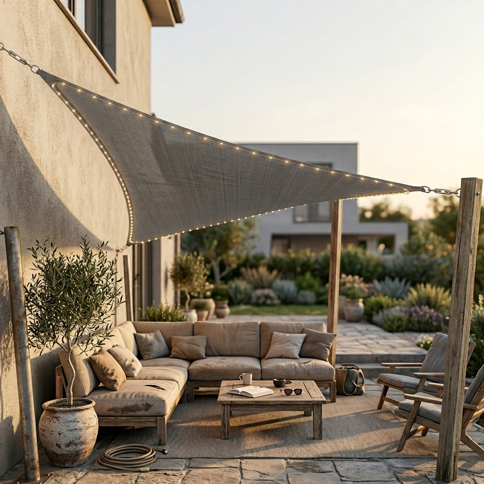 Shade Sail Triangle 3x3m with LED Lights – Waterproof Outdoor Sun Shade