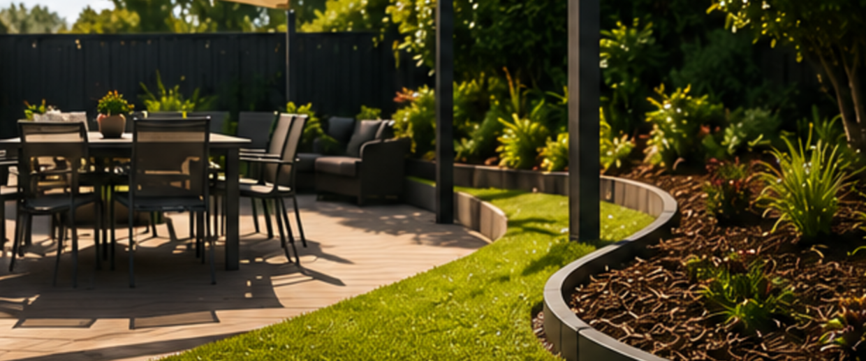 A finished Australian backyard with defined garden edging and a shaded patio