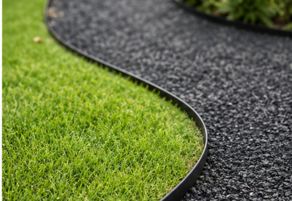 A clean curved edging line holding pebbles back from a green lawn