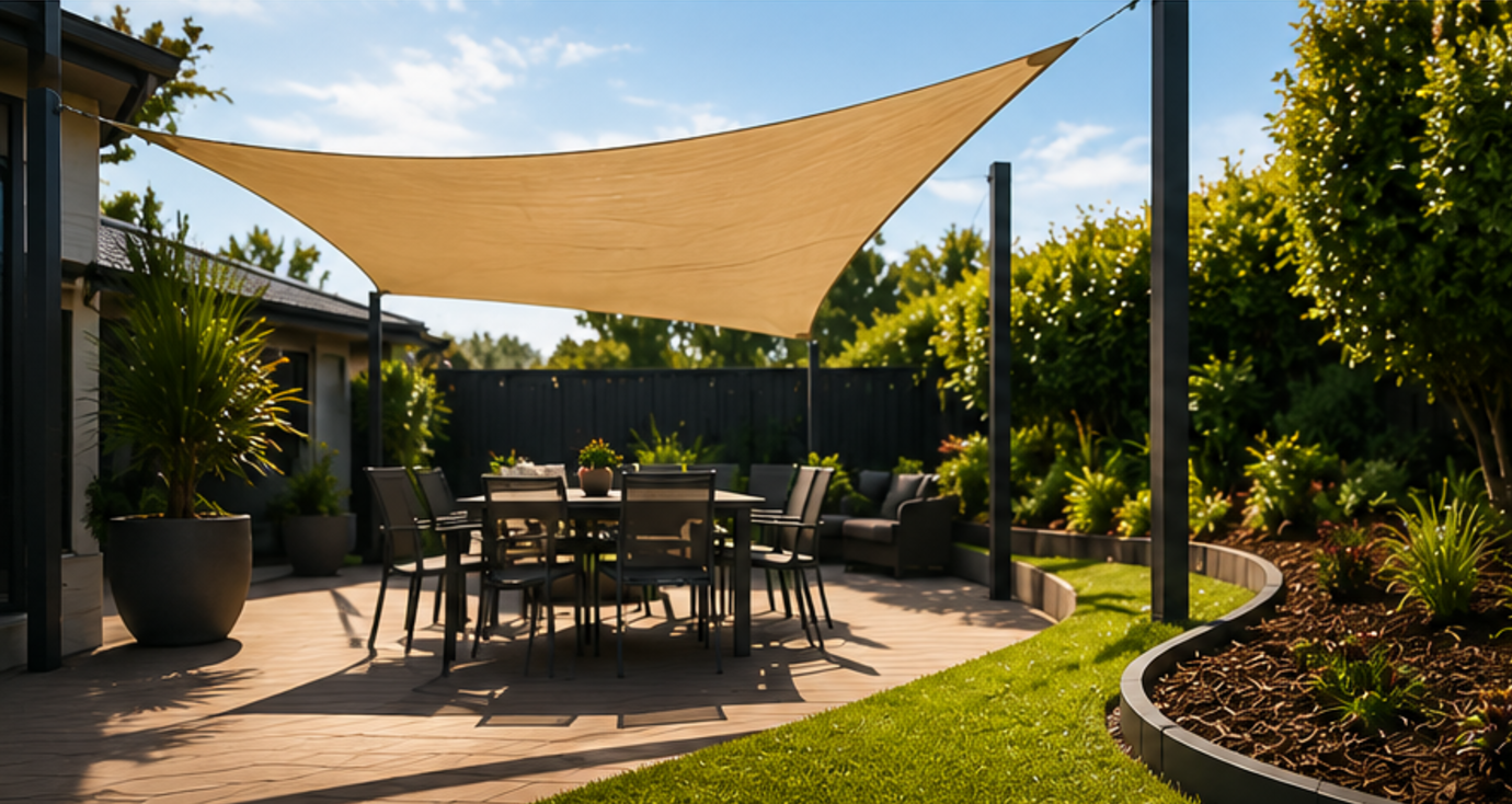 Australian backyard with a shade sail over the patio and black garden edging curving around a mulched bed