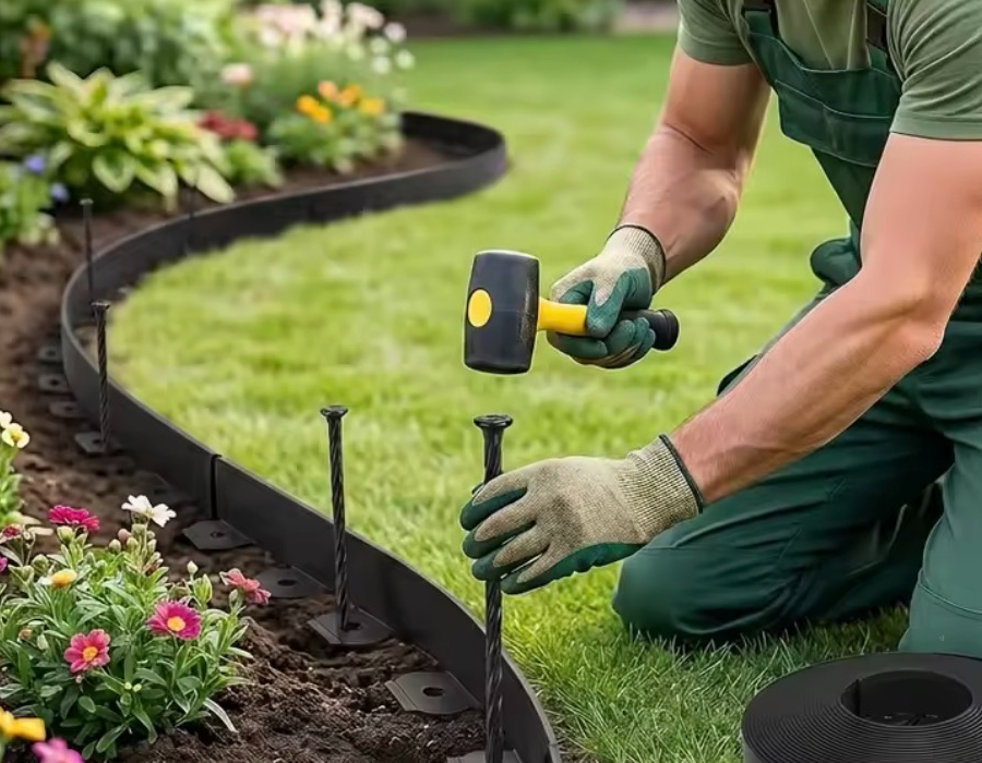 Anchoring spike being driven through garden edging with a mallet
