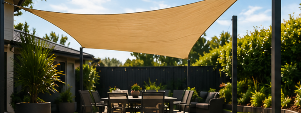 Tan shade sail over an Australian patio dining setting on a sunny day