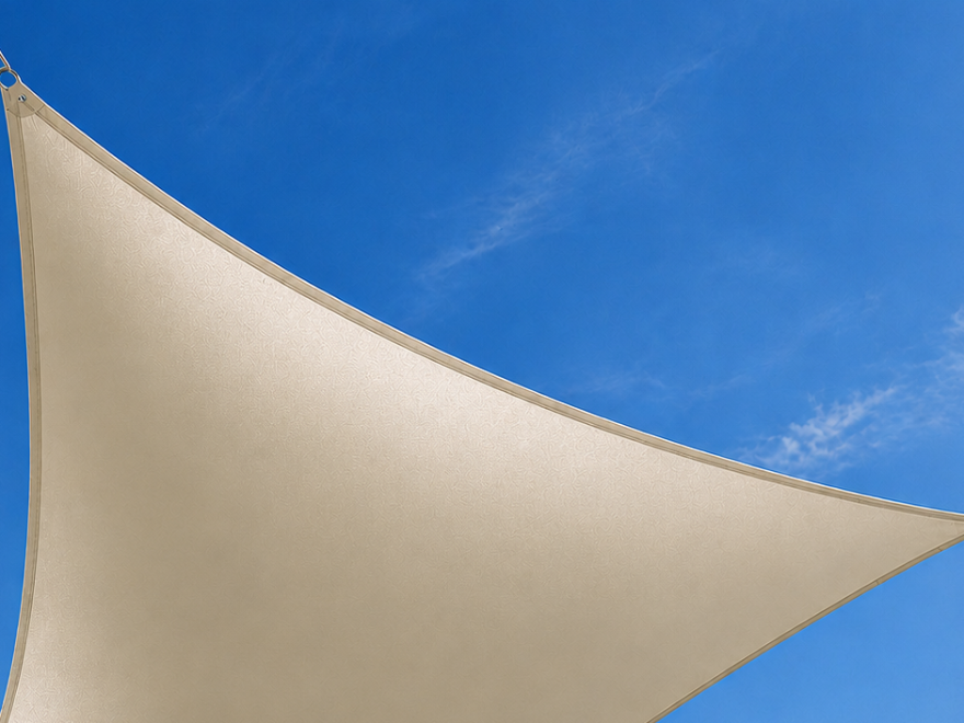 Tensioned rectangular shade sail against open sky