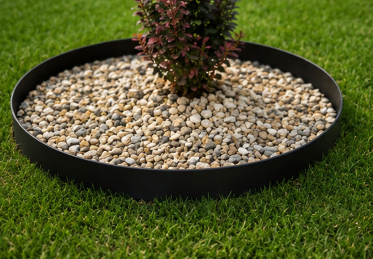 Garden edging shaped into a circle around a shrub